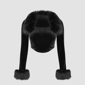 Black Velvet Cropped Top w/ Detachable faux fur cuffs & collar